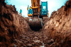 Construction worker grading a ditch in truck