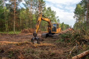 Excavator clearing a lot.