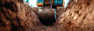 Construction worker grading a ditch in truck