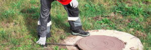 A worker in overalls and a helmet opens a manhole with a crowbar. Control and maintenance of septic tank